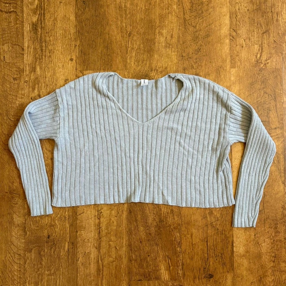Abound Womens XL Light Grey Cropped V-Neck Ribbed Knit Relaxed Fit Sweater cozy